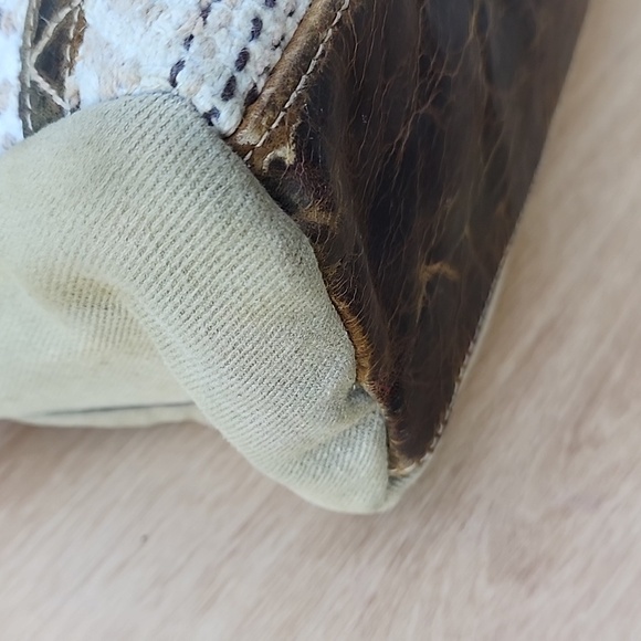 Myra Leather Canvas Woven Khaki Green Brown Boho Tapestry Shoulder Tote Bag. - Picture 7 of 12